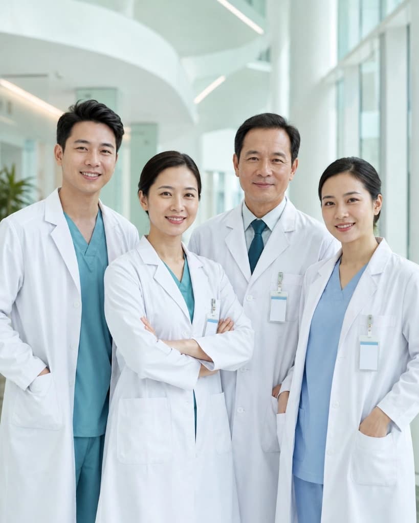 Đội ngũ y bác sĩ HealthCare đứng cùng nhau trong sảnh bệnh viện
